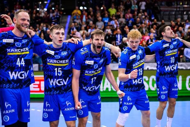 TVB Stuttgart GWD Minden Handball 1 Bundesliga, Men, Season 2025 2026, TVB Stuttgart GWD Minden, Porsche Arena Stuttgarts Lenny Rubin, Stuttgarts Simone Mengon, Stuttgarts Samuel Röthlisberger, Stuttgarts Max Heydecke and Stuttgarts Ivan Snajder cheer after the game Stuttgart Porsche Arena Baden Württemberg Germany