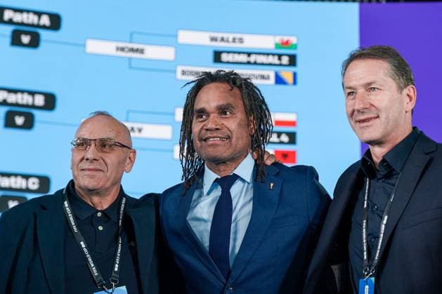 Football FIFA World Cup Qualification Europe 2025 26 Playoff Draw Home of FIFA Zurich, Switzerland Agim Ademi President Football Association Kosovo, Christian Karembeu FIFA Legend Franco Foda National Coach Kosovo Zurich Canton Zurich Switzerland Copyright: xJOERANxSTEINSIEKx