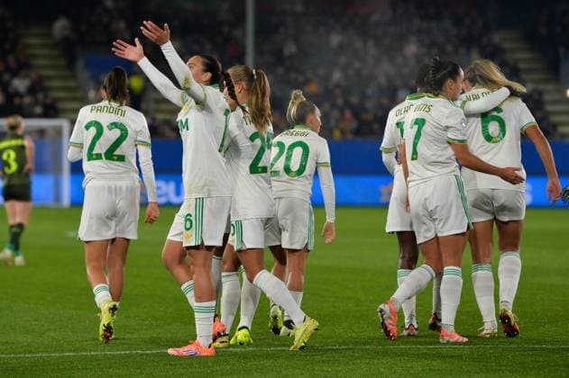 Roma s players celebrate after scoring during a soccer match between Oud-Heverlee Leuven Women and Italian AS Roma, Thursday 20 November 2025 in Leuven, game 4 (out of 6) in the league phase of the UEFA Women s Champions League competition. JILLxDELSAUX  x143036428x