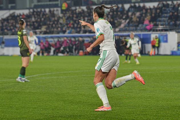 Roma s Evelyne Viens celebrates after scoring during a soccer match between Oud-Heverlee Leuven Women and Italian AS Roma, Thursday 20 November 2025 in Leuven, game 4 (out of 6) in the league phase of the UEFA Women s Champions League competition. JILLxDELSAUX  x143036597x