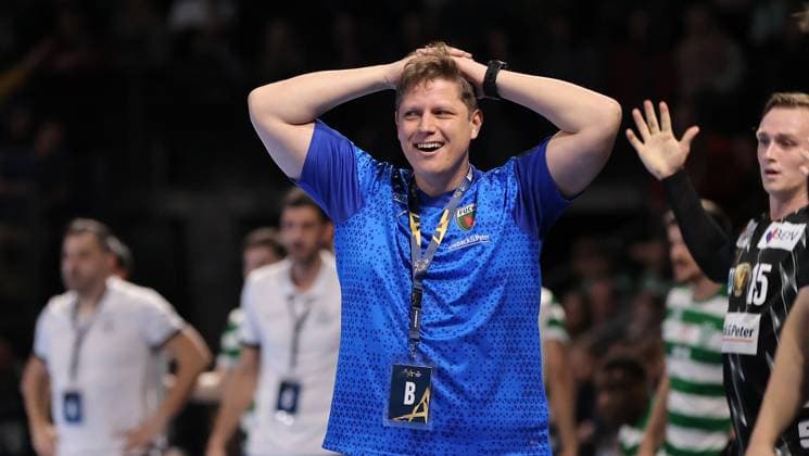 Coach Nicolej Krickau laughs Action upper body Sport Handball CL Champions League Champions League Men 8 Matchday Season 2025 2026 20 11 2025 Füchse Berlin vs Sporting CP Lisbon LCP in the Max Schmeling Halle