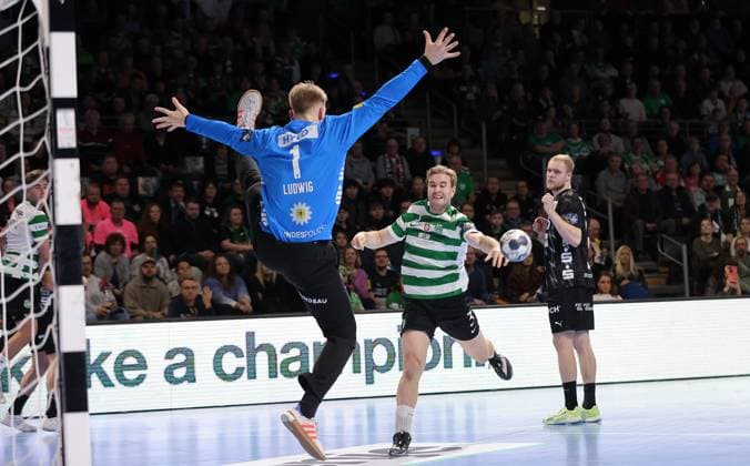 Goalkeeper Lasse Ludwig, Emil Berlin on the ball duel Match scene Action Sport Handball CL Champions League Champions League Men 8 Matchday Season 2025 2026 20 11 2025 Füchse Berlin vs Sporting CP Lisbon LCP in the Max Schmeling Halle