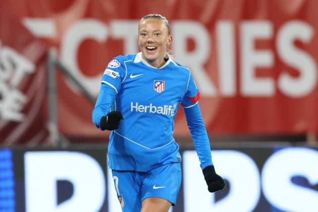 Synne Jensen of Atletico Madrid celebrates after scoring the goal during the match FC Twente Enschede vs Atletico de Madrid at the Stadium the Grolsch Veste for the Champions League women season 2025 2026 in ENSCHEDE, Netherlands on 20 november 2025, photo by Peter Lous EYE4images DeFodi Images