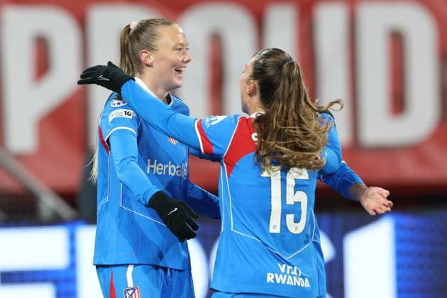 Synne Jensen of Atletico Madrid celebrates after scoring the goal during the match FC Twente Enschede vs Atletico de Madrid at the Stadium the Grolsch Veste for the Champions League women season 2025 2026 in ENSCHEDE, Netherlands on 20 november 2025, photo by Peter Lous EYE4images DeFodi Images