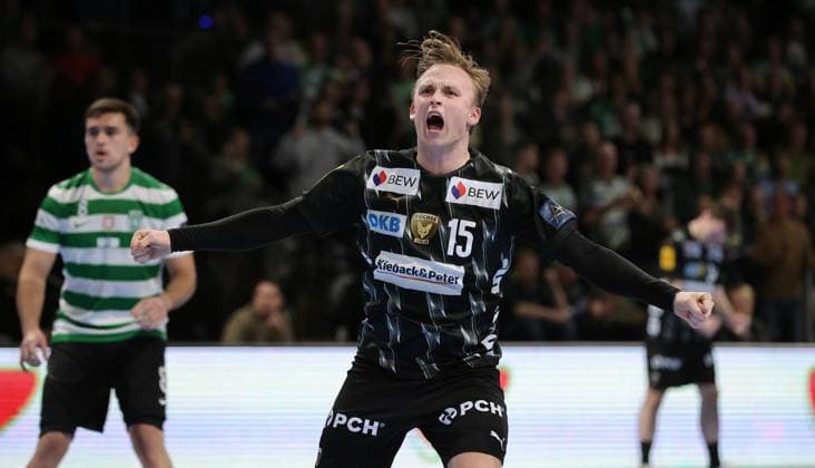 Tobias Schjoelberg Groendahl celebrates after scoring Joy Emotion Cheers Sport Handball CL Champions League Champions League Men 8 Matchday Season 2025 2026 20 11 2025 Füchse Berlin vs Sporting CP Lisbon LCP in the Max Schmeling Halle