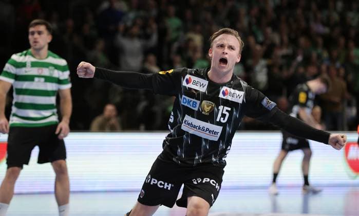 Tobias Schjoelberg Groendahl celebrates after scoring Joy Emotion Cheers Sport Handball CL Champions League Champions League Men 8 Matchday Season 2025 2026 20 11 2025 Füchse Berlin vs Sporting CP Lisbon LCP in the Max Schmeling Halle