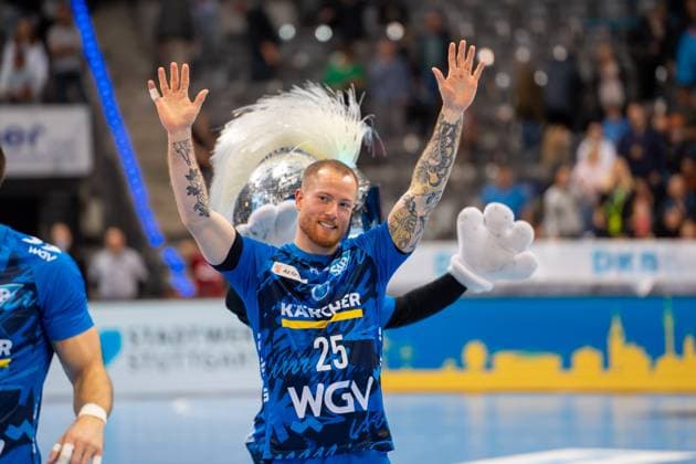 Handball I Men I Season 2025 2026 I Bundesliga I 13 Matchday I TVB Stuttgart GWD Minden I 20 11 2025 Patrick Zieker 25, TVB Stuttgart celebrates after the win Stuttgart Porsche Arena Baden Württemberg Germany Copyright: xLobeca MaxxPetershansx