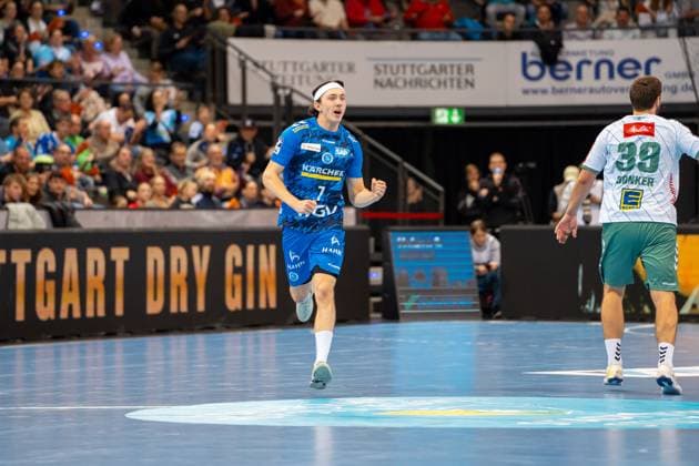 Handball I Men I Season 2025 2026 I Bundesliga I 13 Matchday I TVB Stuttgart GWD Minden I 20 11 2025 Kasper Thorsen Lien 7, TVB Stuttgart jubelt Stuttgart Porsche Arena Baden Württemberg Germany Copyright: xLobeca MaxxPetershansx