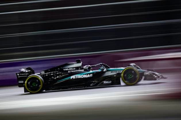 F1 - LAS VEGAS GRAND PRIX 2025 63 RUSSELL George (gbr), Mercedes AMG F1 Team W16, action during the 2025 Formula 1 Las Vegas Grand Prix, 22th round of the 2025 FIA Formula One World Championship, WM, Weltmeisterschaft from November 21 to 23, 2025 on the Las Vegas Strip Circuit, in Paradise, Nevada, United States of America - ParadiseUnited States  Copyright: xXavixBonillax
