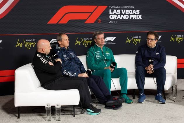 F1 - LAS VEGAS GRAND PRIX 2025 press conference, PK, Pressekonferenz MONAGHAN Paul, Chief Engineer & Car Engineering of Red Bull Racing, portrait TOMBAZIS Nikolas, FIA Single-Seater Director, portrait STEVENSON Andy, Sporting Director of Aston Martin F1 Team, portrait RESTA Simone, during the 2025 Formula 1 Las Vegas Grand Prix, 22th round of the 2025 FIA Formula One World Championship, WM, Weltmeisterschaft from November 21 to 23, 2025 on the Las Vegas Strip Circuit, in Paradise, Nevada, United States of America - Copyright: xJoaoxFilipex