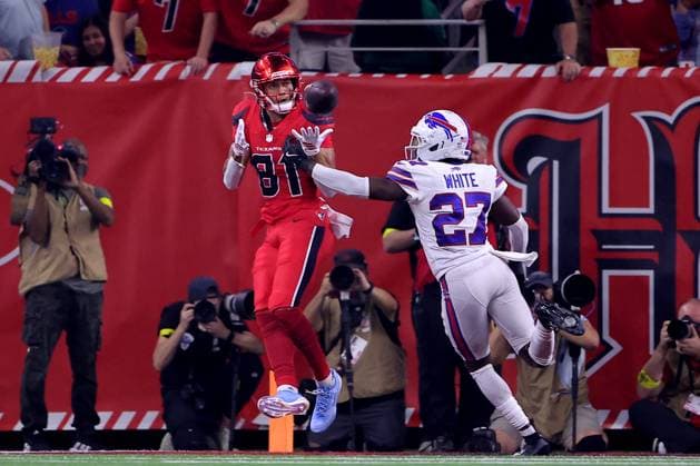 November 20, 2025, Houston, Texas, U.S: Houston Texans wide receiver Jayden Higgins (81) catches a pass for a touchdown during the second quarter of the NFL, American Football Herren, USA game between the Houston Texans and the Buffalo Bills at NRG Stadium in Houston, TX on November 20, 2025. Houston U.S - ZUMAw137 20251120_aap_w137_071 Copyright: xErikxWilliamsx