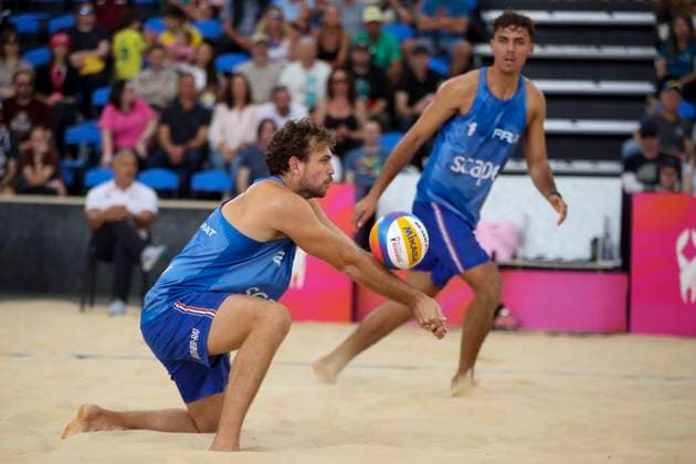 Beach volleyball, Beachvolleyball World Championship, WM, Weltmeisterschaft Sven Winter and Lukas Pfretzschner L. (GER) v Arnaud Gauthier-Rat and TÃ o Rotar (FRA) and during the Men™s Quarter Final match of the Beach Volleyball World Championships at The Drive in Adelaide, Friday, November 21, 2025. ( NO ARCHIVING, EDITORIAL USE ONLY ADELAIDE SOUTH AUSTRALIA AUSTRALIA  Copyright: xMATTxTURNERx 20251121192638898230