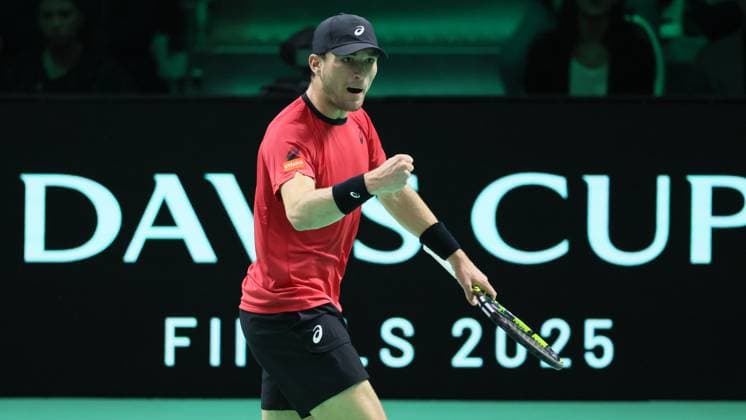 Belgian Raphael Collignon reacts during a tennis match against Italian Berrettini, the first in the Davis Cup semifinals between Belgium and Italy, in Bologna, Italy, on Friday 21 November 2025. The Davis Cup top eight Finals take place in Bologna from November 18 to 23. BENOITxDOPPAGNE  x143247888x