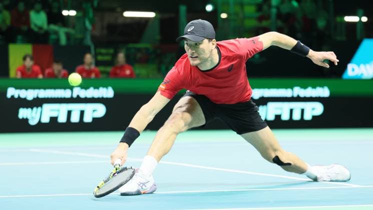 Belgian Raphael Collignon pictured in action during a tennis match against Italian Berrettini, the first in the Davis Cup semifinals between Belgium and Italy, in Bologna, Italy, on Friday 21 November 2025. The Davis Cup top eight Finals take place in Bologna from November 18 to 23. BENOITxDOPPAGNE  x143248627x