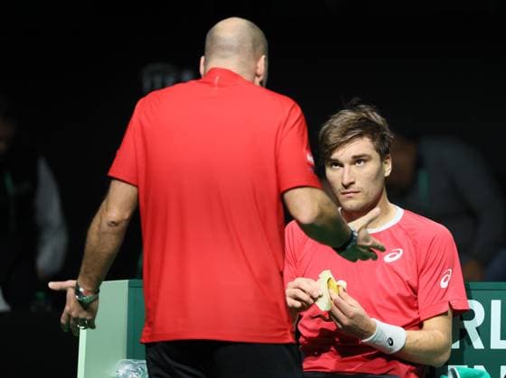 Belgian captain Steve Darcis and Belgian Raphael Collignon pictured during a tennis match against Italian Berrettini, the first in the Davis Cup semifinals between Belgium and Italy, in Bologna, Italy, on Friday 21 November 2025. The Davis Cup top eight Finals take place in Bologna from November 18 to 23. BENOITxDOPPAGNE  x143249616x