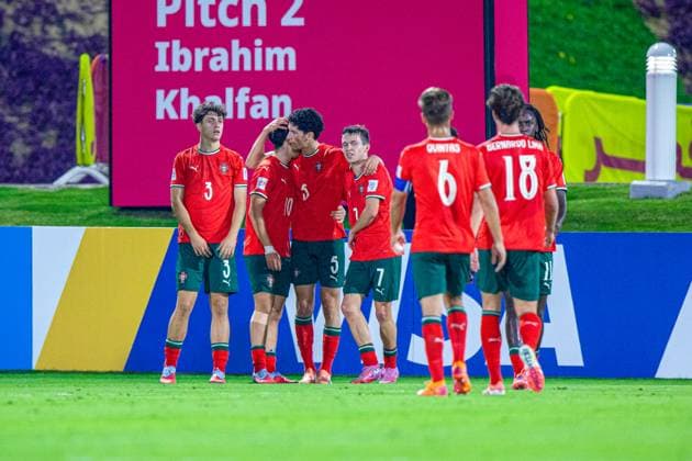 Soccer FIFA World Cup U17, U 17 World Championship Qatar 2025, Portugal vs Switzerland quarterfinal goal and goal celebration to 1 0 by Mateus Mide Portugal, 10 joy, emotions, jubilation Copyright: xRedhaxHosnixSegganix