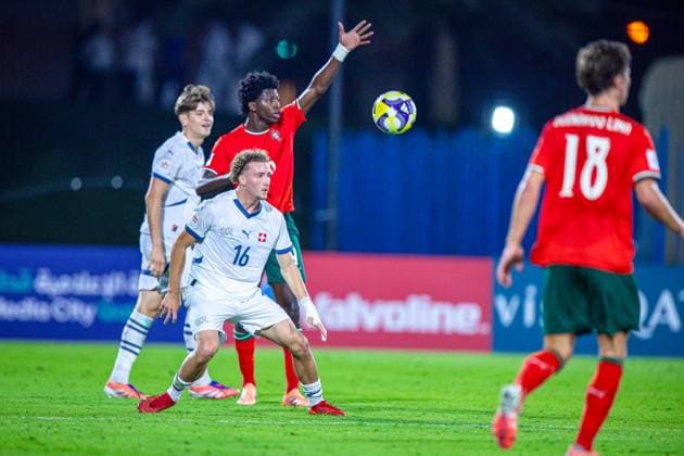 Football FIFA World Cup U17, U 17 World Cup Qatar 2025, Portugal vs Switzerland quarter-final Anisio Cabral Portugal, 9 Marco Correia Switzerland, 16 Copyright: xRedhaxHosnixSegganix