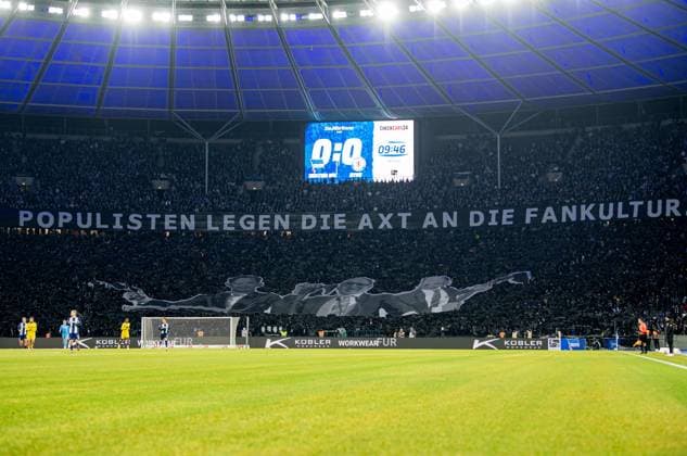 Football, Men, Season 2025 2026, 2 Bundesliga 13 Matchday , Hertha BSC Eintracht Braunschweig, the active fan scenes are silent for the first 12 minutes in protest against possible security measures that could be decided at the upcoming conference of interior ministers Populists are taking an axe to fan culture¦should that be the future of soccer Clubs fight back for your fans, 21 11 2025, Copyright: xSebastianxRäppold MatthiasxKochx