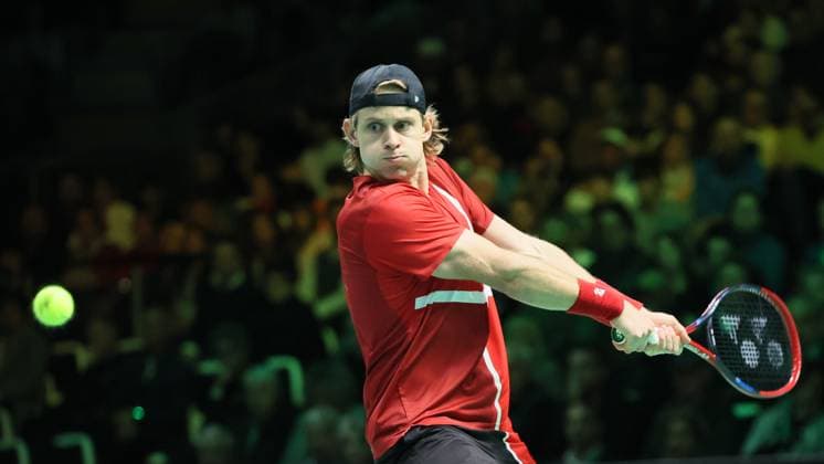 Belgian Zizou Bergs pictured in action during a tennis match against Italian Cobolli, the second in the Davis Cup semifinals between Belgium and Italy, in Bologna, Italy, on Friday 21 November 2025. The Davis Cup top eight Finals take place in Bologna from November 18 to 23. BENOITxDOPPAGNE  x143269896x