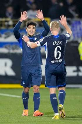v li Valentin Gendrey TSG II, 2 , Valentin Lässig TSG II, 6 , players of TSG 1899 Hoffenheim II U23 , cheer about the goal to 3 0, jubilation, goal celebration, celebrate the goal, goal, celebration, cheers about the goal, rejoicing, joy, rejoices, optimistic, positive, game scene, highlight, action, 21 11 2025, Sinsheim Germany , Soccer, 3 Liga, TSG 1899 Hoffenheim II MSV Duisburg, DFB DFL REGULATIONS PROHIBIT ANY USE OF PHOTOGRAPHS AS IMAGE SEQUENCES AND OR QUASI VIDEO xozx