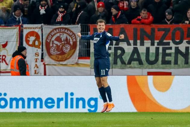 Fisnik Asllani TSG Hoffenheim, 11 after his goal to 0 1 , Germany, Football, 1 Bundesliga, Matchday 11, 2025 2026, 1 FSV Mainz vs TSG 1899 Hoffenheim, 21 11 2025, Mewa Arena, Mainz, Germany Mainz Mewa Arena Rheinland Pfalz Germany Copyright: xGrantxHubbsx
