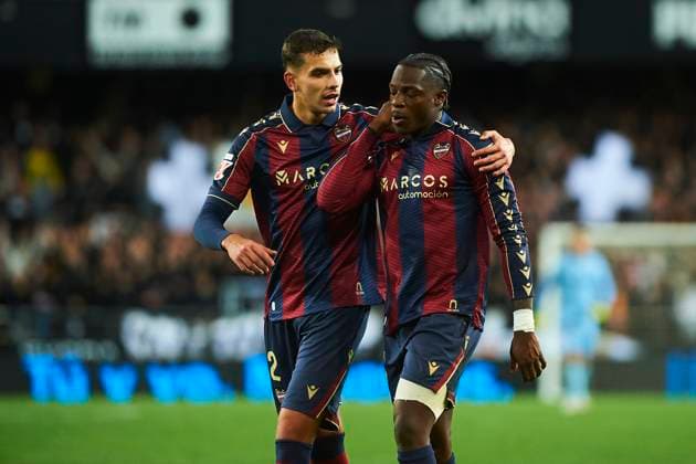 Matias Moreno Levante UD and Etta Eyong Levante UD during the LaLiga EA Sports match between Valencia CF and Levante UD at Estadio de Mestalla on December 21, 2025 in Valencia, Spain Photo by Maria Jose Segovia DeFodi Images