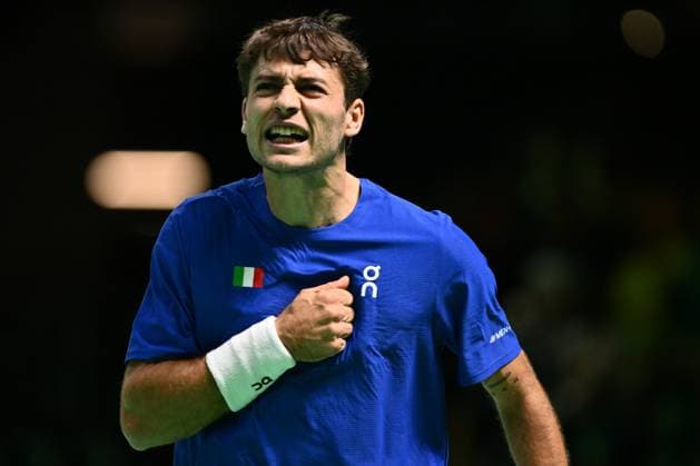 Flavio Cobolli of Italy in action during the Davis Cup Semi-Final match between Flavio Cobolli of Italy and Zizou Bergs of Belgium at Supertennis Arena - Bolognafiere on November 21, 2025 in Bologna, Italy  Copyright: xDomenicoxCippitelli IPAxSportx xipa-agency.netx xx IPA_68226560 IPA_Agency_IPA68226560