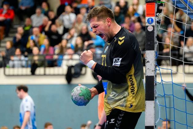 Kornwestheim, Handball 3 Liga 25 26 SV Kornwestheim HBW Balingen 2 Torhueter Jan Tinti Kornwestheim Jubel Freude Emotion Kornwestheim Halle Ost Baden Württemberg Germany