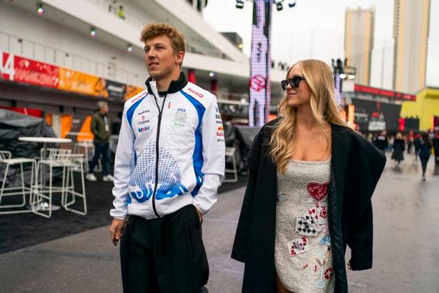 New Zealand Formula One driver Liam Lawson of RB F1 Team and his girlfriend Hannah St John arrive for the Formula One Las Vegas Grand Prix at the Las Vegas Strip Circuit in Las Vegas on Friday, November 21, 2025.  LAS2025112101 GREGxNASH