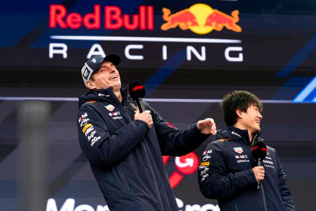 Dutch Formula One driver Max Verstappen of Red Bull Racing reacts to a joke on-stage at a fan zone appearance during the Formula One Las Vegas Grand Prix at the Las Vegas Strip Circuit in Las Vegas on Friday, November 21, 2025.  LAS2025112111 GREGxNASH