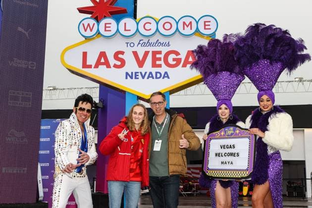 November 21, 2025: F1 Academy driver Maya Weug and a family member, pose for a photo with an Elvis impersonator and two showgirls during the F1 Academy Welcome to Las Vegas event at the Formula 1 Heineken Las Vegas Grand Prix in Las Vegas, NV. CSM. Las Vegas United States of America - ZUMAc04_ 20251121_zma_c04_078 Copyright: xChristopherxTrimx