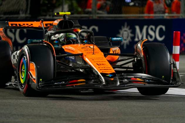British Formula One driver Lando Norris of McLaren F1 Team in action during the third free practice session of the Formula One Las Vegas Grand Prix at the Las Vegas Strip Circuit in Las Vegas on Friday, November 21, 2025.  LAS2025112119 GREGxNASH