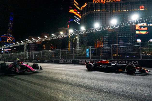 Argentine Formula One driver Franco Colapinto of Alpine F1 Team and Dutch Formula One driver Max Verstappen of Red Bull Racing in action during the third free practice session of the Formula One Las Vegas Grand Prix at the Las Vegas Strip Circuit in Las Vegas on Friday, November 21, 2025.  LAS2025112127 GREGxNASH