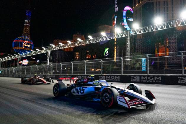 Monaco s Formula One driver Charles Leclerc of Scuderia Ferrari and British Formula One driver Ollie Bearman of Haas F1 Team in action during the third free practice session of the Formula One Las Vegas Grand Prix at the Las Vegas Strip Circuit in Las Vegas on Friday, November 21, 2025.  LAS2025112130 GREGxNASH