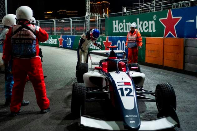 Danish Formula One Academy driver Alba Larsen of MP Motorsport retires from race one of the Formula One Academy series at the Formula One Las Vegas Grand Prix at the Las Vegas Strip Circuit in Las Vegas on 21, November 2025.  LAS2025112139 GREGxNASH