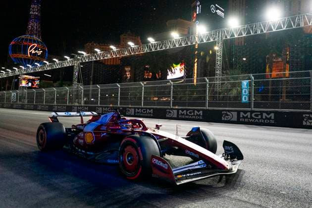 Monaco s Formula One driver Charles Leclerc of Scuderia Ferrari in action during the third free practice session of the Formula One Las Vegas Grand Prix at the Las Vegas Strip Circuit in Las Vegas on Friday, November 21, 2025.  LAS2025112131 GREGxNASH
