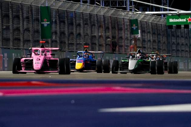 Dutch Formula One Academy driver Nina Gateman of Prema Racing and French Formula One Academy driver Doriane Pin of Prema Racing during during race one of the Formula One Academy series at the Formula One Las Vegas Grand Prix at the Las Vegas Strip Circuit in Las Vegas on 21, November 2025.  LAS2025112136 GREGxNASH