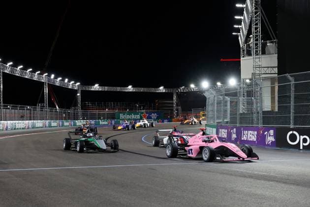 LAS VEGAS, NV - NOVEMBER 21: Nina Gademan, driver of the 3 Prema Racing leads the field at the start of the first F1 Academy race at the Formula 1 Las Vegas Grand Prix on November 21, 2025 on the Las Vegas Strip Circuit in Las Vegas, Nevada.(Photo by Jeff Speer Icon Sportswire) AUTO: NOV 21 F1 Las Vegas Grand Prix - F1 Academy Race 1 EDITORIAL USE ONLY Icon2511210041