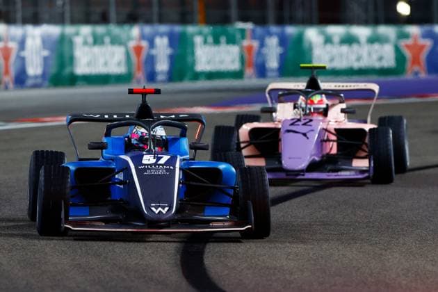 LAS VEGAS, NV - NOVEMBER 21: Lia Block, driver of the 57 ART Grand Prix leads Aurelia Nobels, driver of the 22 ART Grand Prix during the first F1 Academy race at the Formula 1 Las Vegas Grand Prix on November 21, 2025 on the Las Vegas Strip Circuit in Las Vegas, Nevada.(Photo by Jeff Speer Icon Sportswire) AUTO: NOV 21 F1 Las Vegas Grand Prix - F1 Academy Race 1 EDITORIAL USE ONLY Icon2511210081