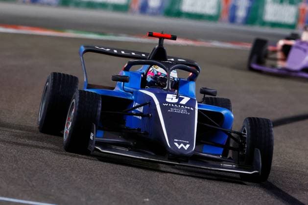 LAS VEGAS, NV - NOVEMBER 21: Lia Block, driver of the 57 ART Grand Prix races into a turn during the first F1 Academy race at the Formula 1 Las Vegas Grand Prix on November 21, 2025 on the Las Vegas Strip Circuit in Las Vegas, Nevada.(Photo by Jeff Speer Icon Sportswire) AUTO: NOV 21 F1 Las Vegas Grand Prix - F1 Academy Race 1 EDITORIAL USE ONLY Icon2511210101