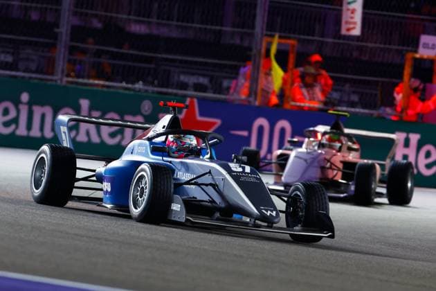 LAS VEGAS, NV - NOVEMBER 21: Lia Block, driver of the 57 ART Grand Prix races into a turn during the first F1 Academy race at the Formula 1 Las Vegas Grand Prix on November 21, 2025 on the Las Vegas Strip Circuit in Las Vegas, Nevada.(Photo by Jeff Speer Icon Sportswire) AUTO: NOV 21 F1 Las Vegas Grand Prix - F1 Academy Race 1 EDITORIAL USE ONLY Icon2511210111