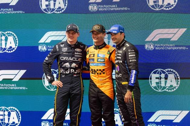 F1 - LAS VEGAS GRAND PRIX 2025 VERSTAPPEN Max (ned), Red Bull Racing RB21, portrait NORRIS Lando (gbr), McLaren F1 Team MCL39, portrait SAINZ Carlos (spa), Williams Racing FW47, portrait pole position during the 2025 Formula 1 Las Vegas Grand Prix, 22th round of the 2025 FIA Formula One World Championship, WM, Weltmeisterschaft from November 21 to 23, 2025 on the Las Vegas Strip Circuit, in Paradise, Nevada, United States of America - Copyright: xJoaoxFilipex