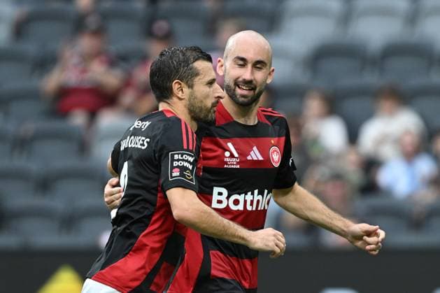 ALEAGUE WANDERERS MARINERS, Kosta Barbarouses of the Wanderers celebrates after scoring with a penalty goal during the A-League Men Round 5 match between the Western Sydney Wanderers and the Central Coast Mariners at CommBank Stadium in Sydney, Saturday, November 22, 2025. ( NO ARCHIVING, EDITORIAL USE ONLY SYDNEY NEW SOUTH WALES AUSTRALIA  Copyright: xDEANxLEWINSx 20251122164496301537