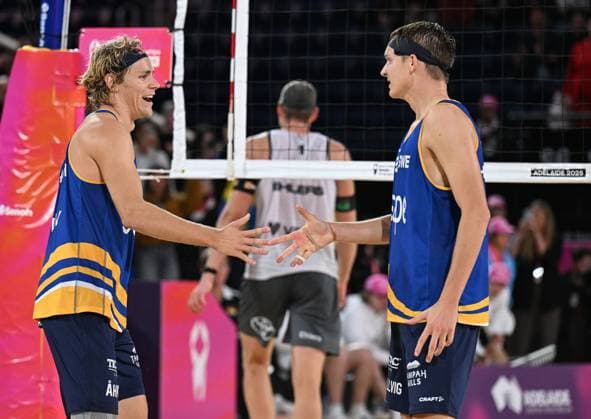 251122 Jonatan Hellvig and David Ahman of Sweden celebrate after defeating Nils Ehlers and Clemens Wickler of Germany during The Beach Volleyball World Championships Semi Final on November 22, 2025 in Adelaide Photo Michael Errey BILDBYRAN kod XY XY0085 beachvolleyboll beach volleyball sandvolleyball world championships semi finals bbeng semifinal  Copyright: MichaelxErrey BB251122BB242