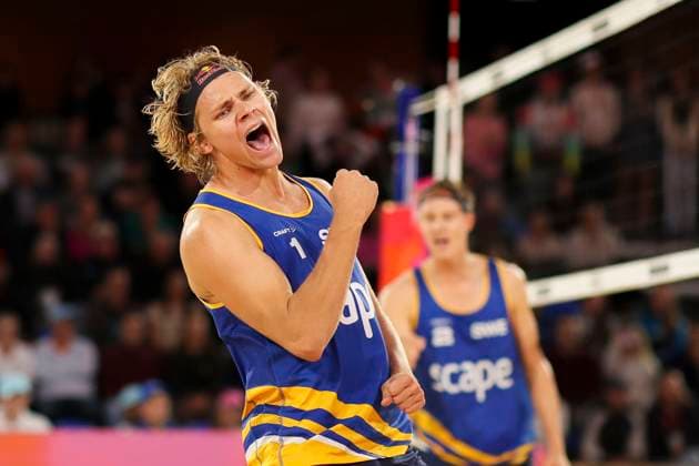 Beach volleyball, Beachvolleyball World Championship, WM, Weltmeisterschaft David Ahman (SWE) celebrates a point against Nils Ehlers and Clemens Wickler (GER) during the Semi Final match of the Beach Volleyball World Championships at The Drive in Adelaide, Saturday, November 22, 2025. ( NO ARCHIVING, EDITORIAL USE ONLY ADELAIDE SOUTH AUSTRALIA AUSTRALIA  Copyright: xMATTxTURNERx 20251122118311110147