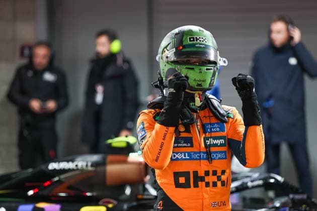 (251122) -- LAS VEGAS, Nov. 22, 2025 -- McLaren s British driver Lando Norris celebrates winning the qualifying session of the 2025 Formula One U.S. Grand Prix at Las Vegas Circuit, in Las Vegas, the United States, Nov. 21, 2025. (Photo by Xinhua) (SP)U.S.-LAS VEGAS-F1-GRAND PRIX-QUALIFYING SESSION QianxJun 