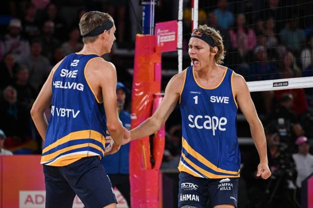 251122 Jonatan Hellvig and David Ahman of Sweden react on winning a point during The Beach Volleyball World Championships Semi Final on November 22, 2025 in Adelaide Photo Michael Errey BILDBYRAN kod XY XY0085 beachvolleyboll beach volleyball sandvolleyball world championships semi finals bbeng semifinal jubel  Copyright: MichaelxErrey BB251122BB309