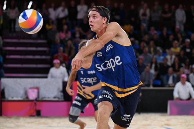 251122 Jonatan Hellvig of Sweden during The Beach Volleyball World Championships Semi Final on November 22, 2025 in Adelaide Photo Michael Errey BILDBYRAN kod XY XY0085 beachvolleyboll beach volleyball sandvolleyball world championships semi finals bbeng semifinal  Copyright: MichaelxErrey BB251122BB322