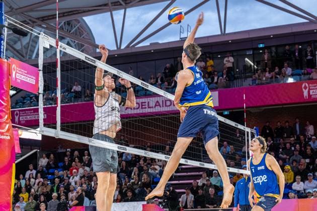 RECORD DATE NOT STATED ADELAIDE, AUSTRALIA - NOVEMBER 22: Jonatan Hellvig (Player 2 - SWE, blue), Nils Ehlers (Player 1 - GER, white) during the Beach volleyball, Beachvolleyball World Championships at Adelaide on November 22, 2025 in Adelaide, Australia. Australia Copyright: xBEAUTIFULxSPORTS PeterxWeberx