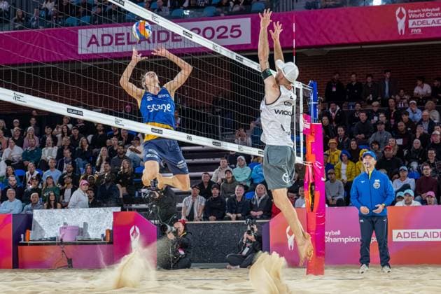 RECORD DATE NOT STATED ADELAIDE, AUSTRALIA - NOVEMBER 22: Jonatan Hellvig (Player 2 - SWE, blue), Clemens Wickler (Player 2 - GER, white) during the Beach volleyball, Beachvolleyball World Championships at Adelaide on November 22, 2025 in Adelaide, Australia. Australia Copyright: xBEAUTIFULxSPORTS PeterxWeberx